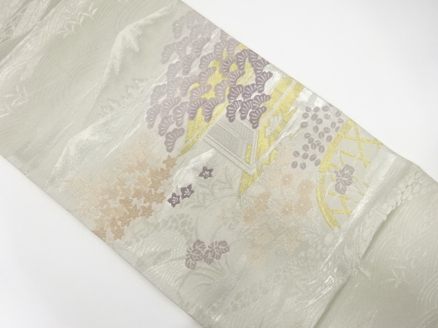 JAPANESE KIMONO / ANTIQUE FUKURO OBI / SILK / WOVEN MANSION & FLOWER